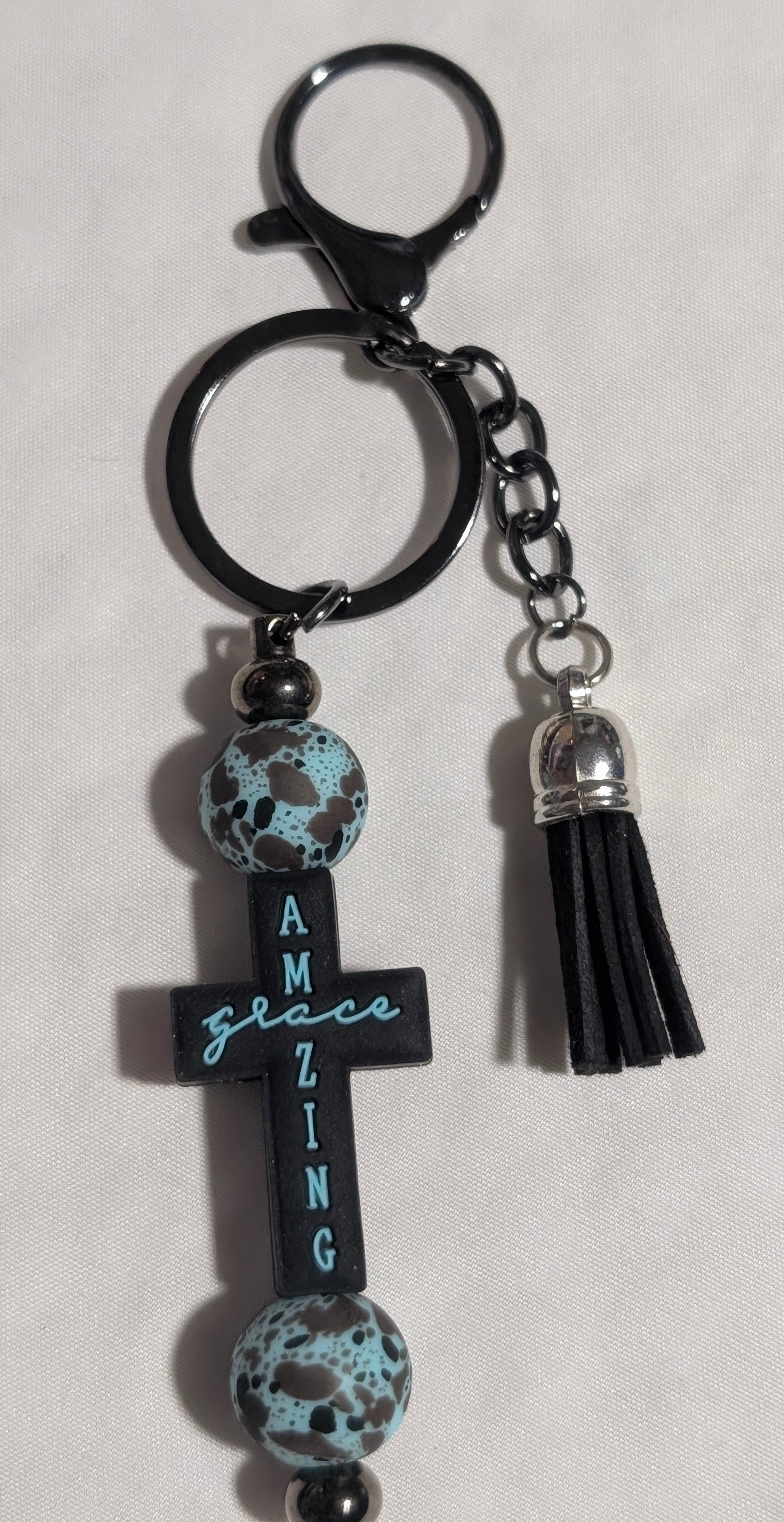 Amazing Grace Cross Keychain – Black & Teal