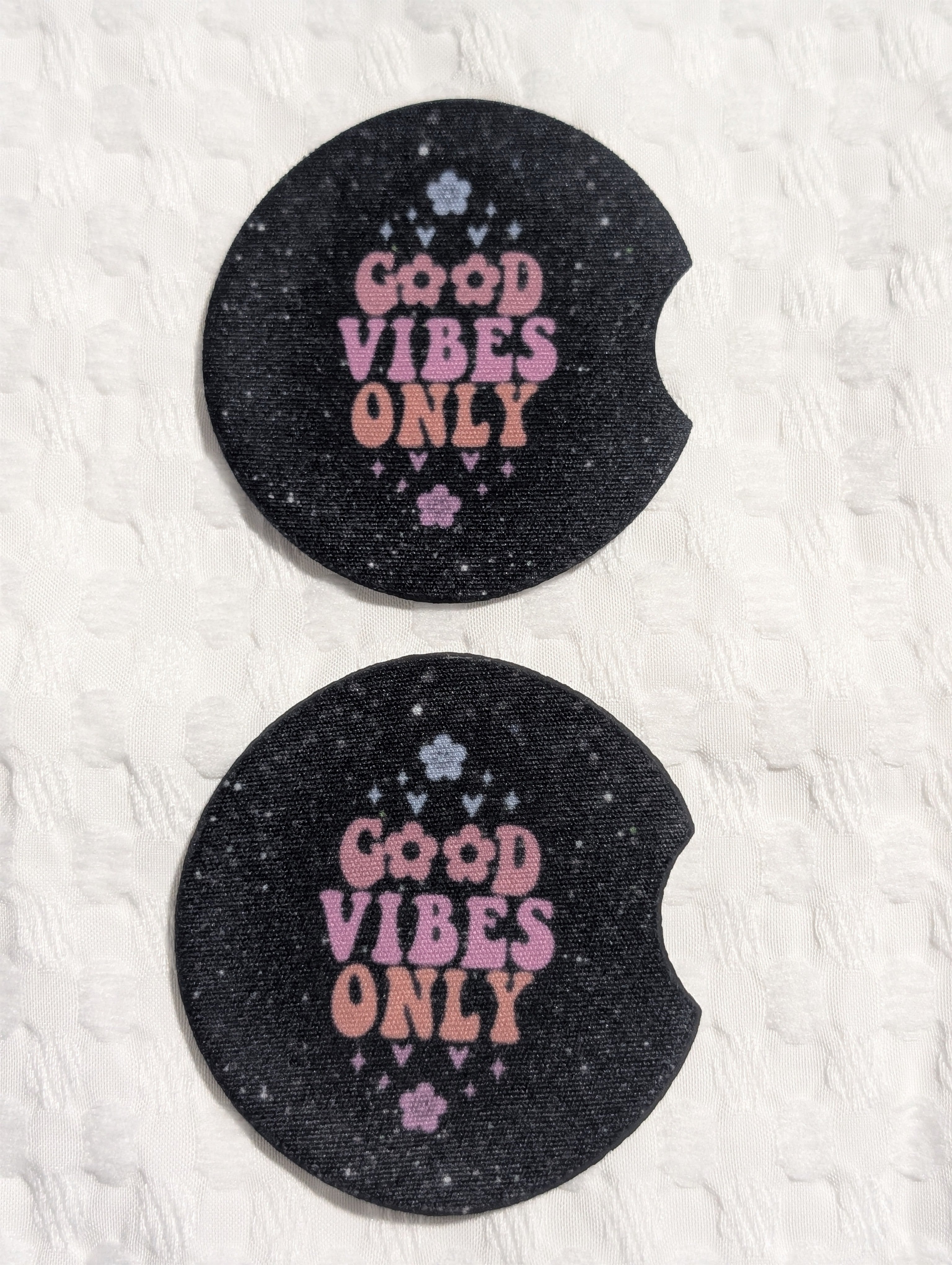 Good Vibes Only – Black Galaxy Neoprene Car Coasters (Set of 2)