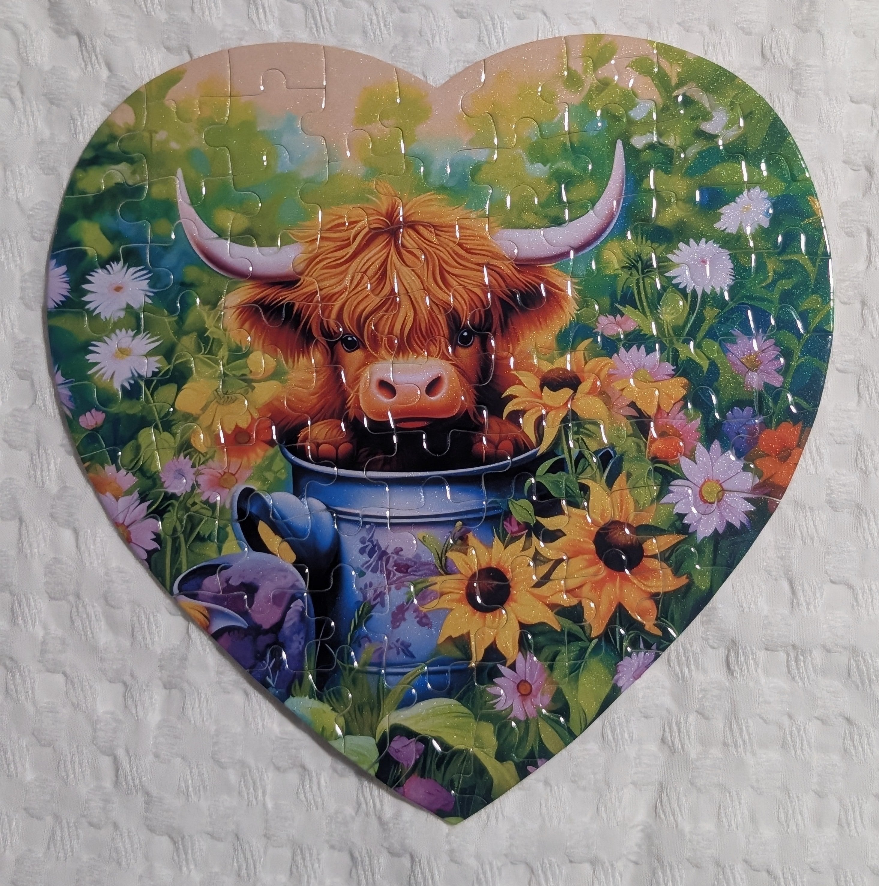 Highland Cow in a Bucket – Heart-Shaped Jigsaw Puzzle