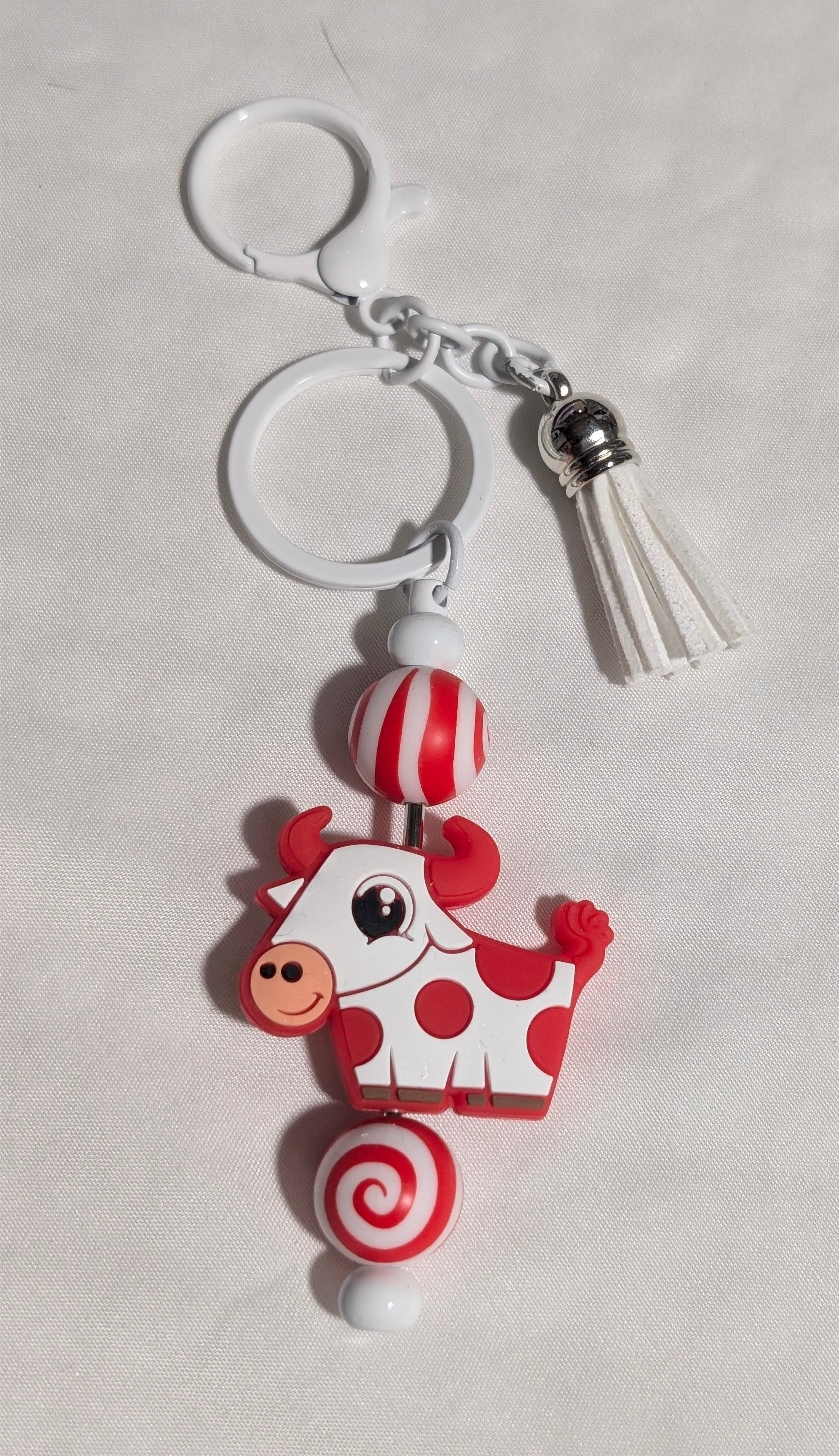 Red & White Cow Bead Keychain