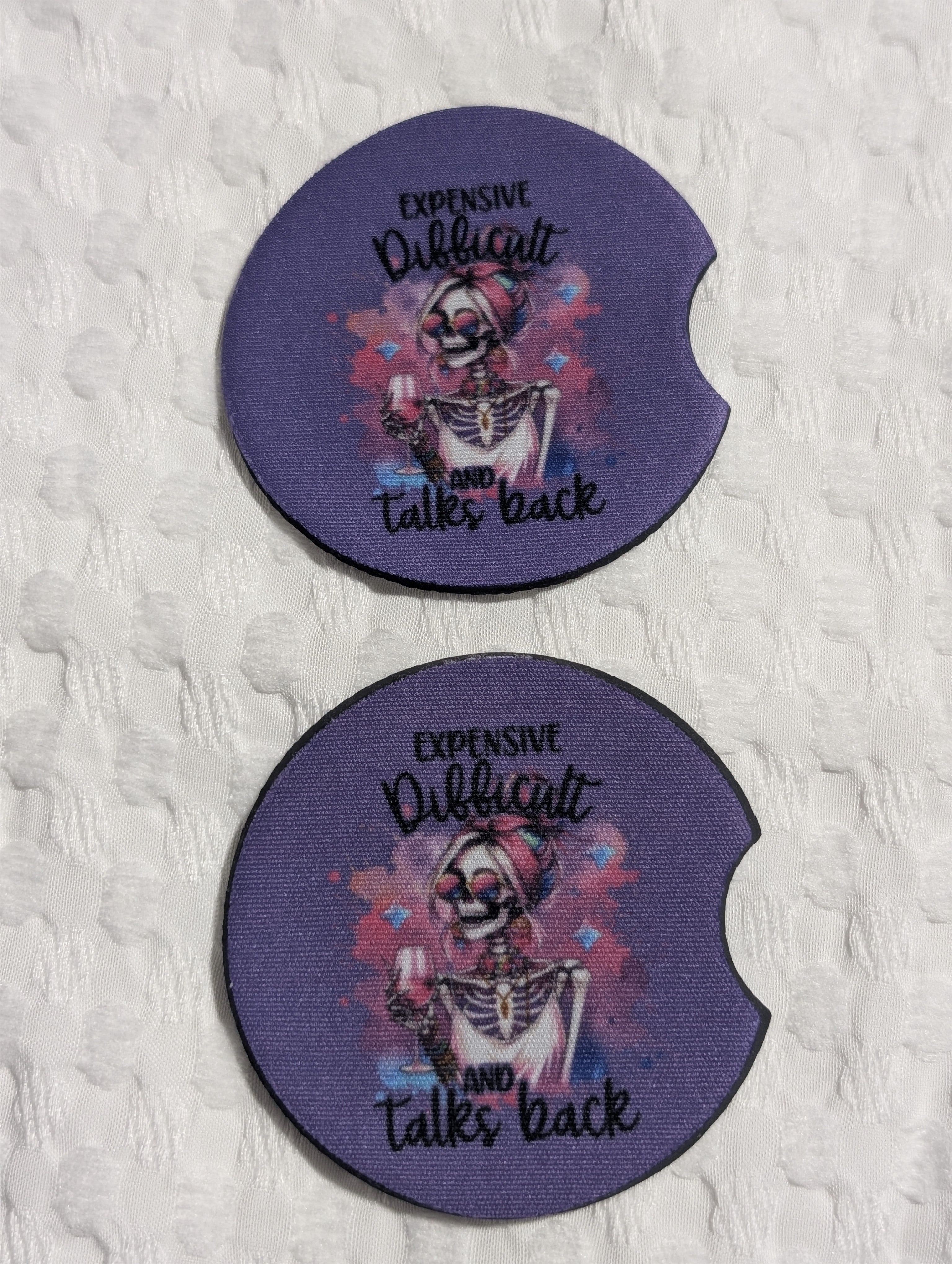 Expensive, Difficult & Talks Back – Neoprene Car Coasters (Set of 2)