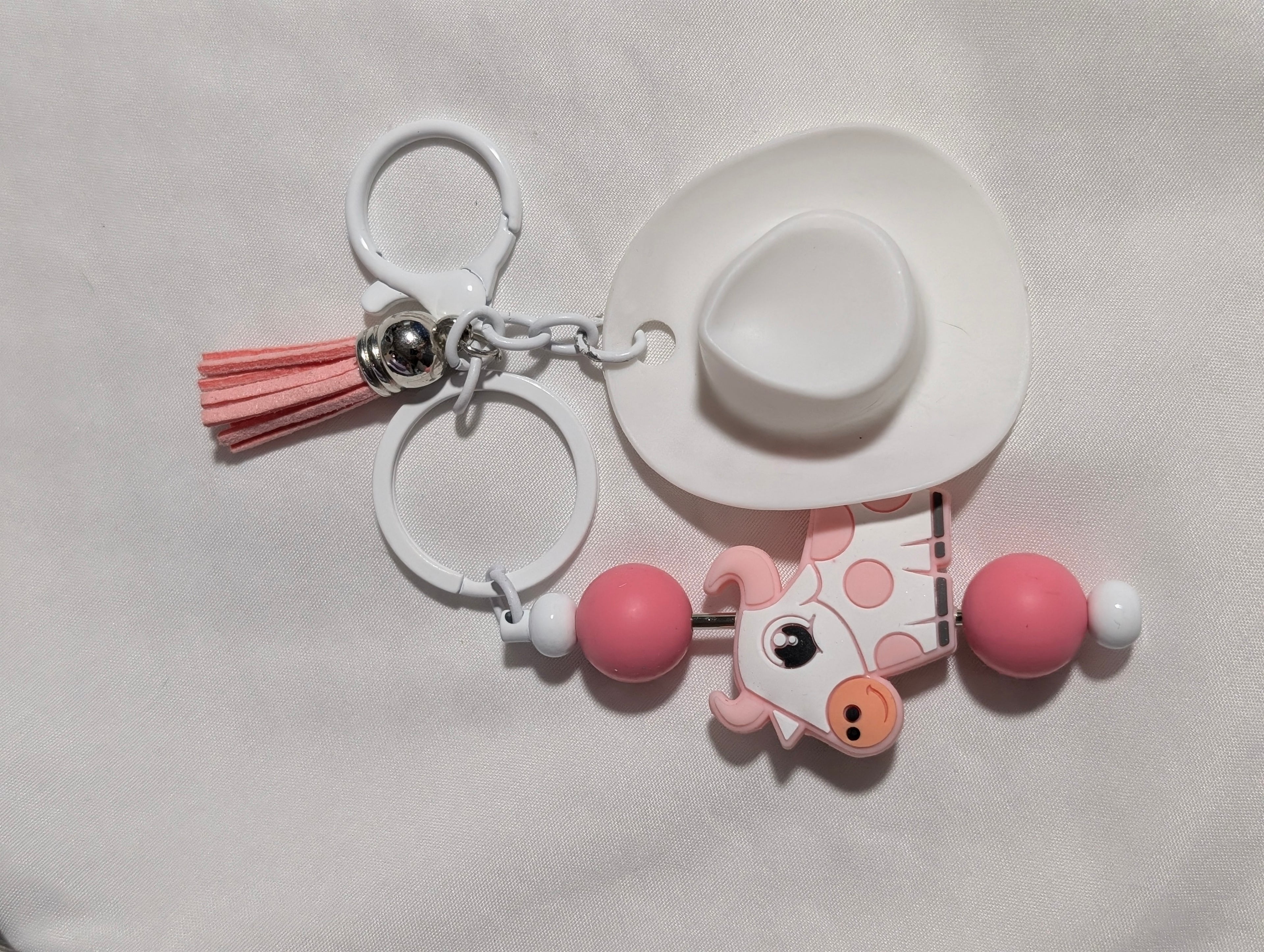 Pink Cow & White Cowboy Hat Keychain