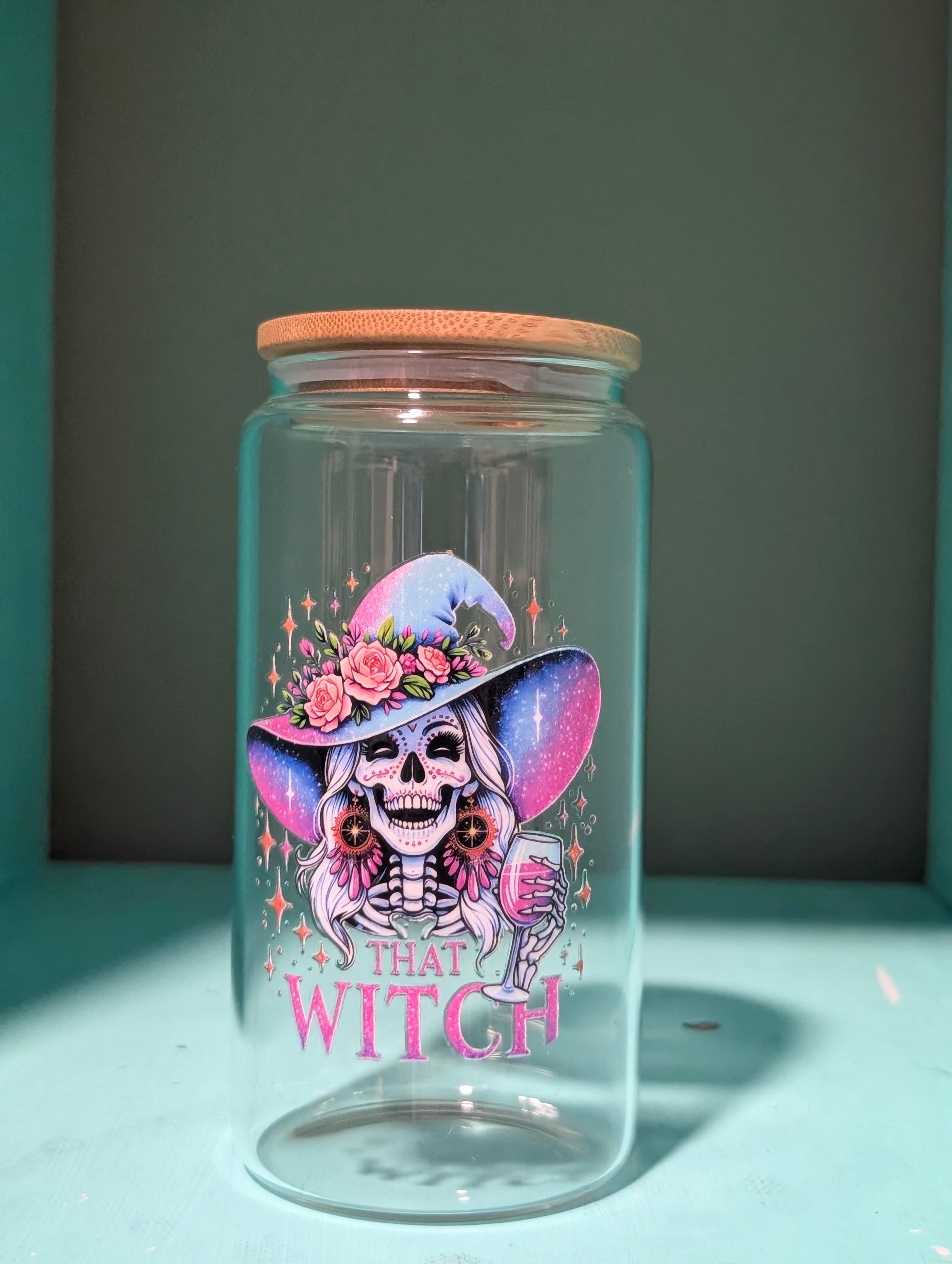 That Witch – Sugar Skull Glass Can Tumbler with Bamboo Lid