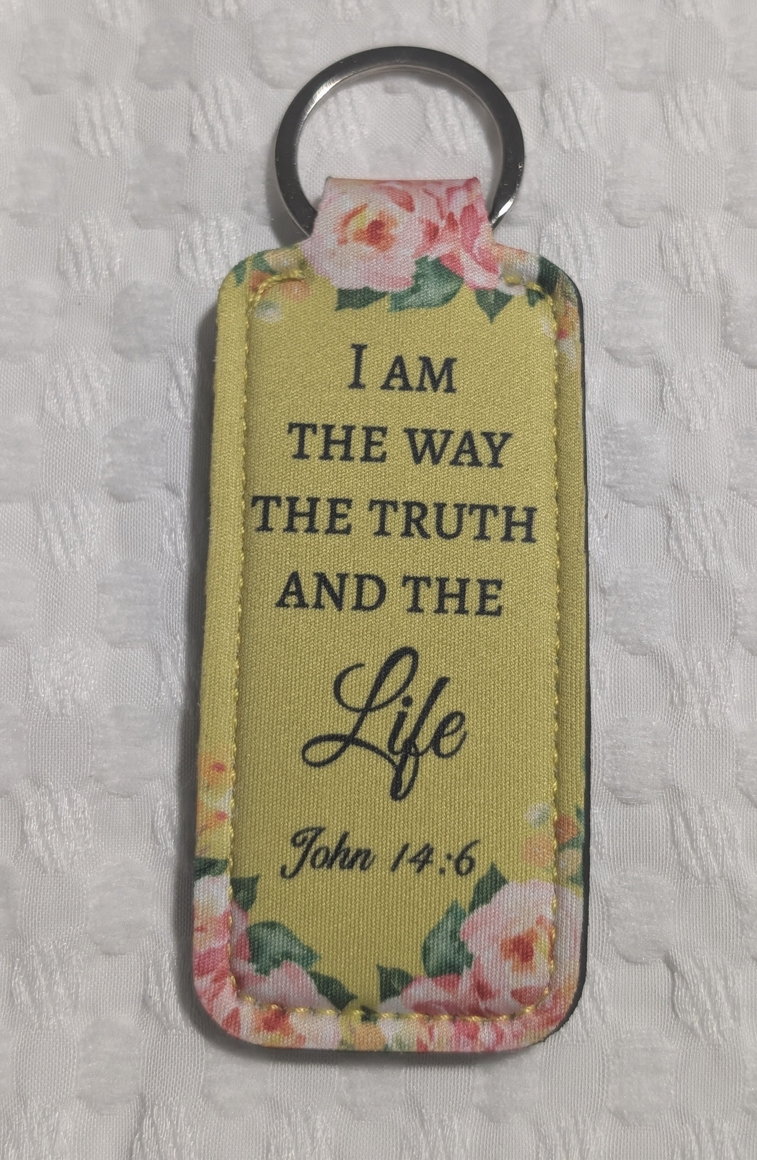 I Am the Way, the Truth, and the Life – Yellow & Pink Floral Neoprene Keychain